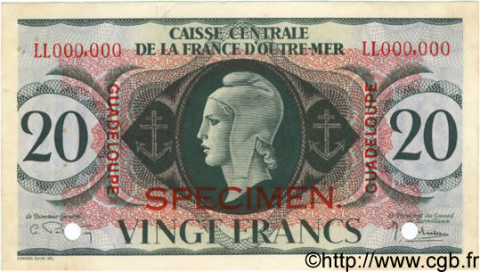 20 Francs Spécimen GUADELOUPE  1944 P.28s SUP