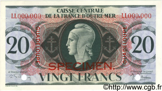 20 Francs Spécimen GUADELOUPE  1944 P.28s SC