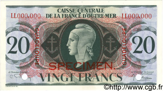 20 Francs Spécimen GUADELOUPE  1944 P.28s FDC