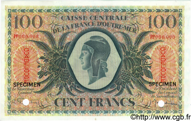 100 Francs Spécimen GUADELOUPE  1944 P.29s AU