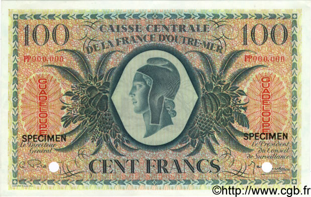 100 Francs Spécimen GUADELOUPE  1944 P.29s SC+