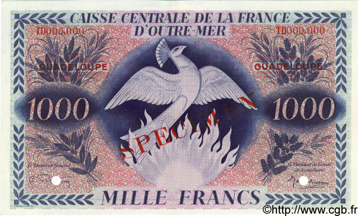 1000 Francs Phénix Spécimen GUADELOUPE  1944 P.30s AU