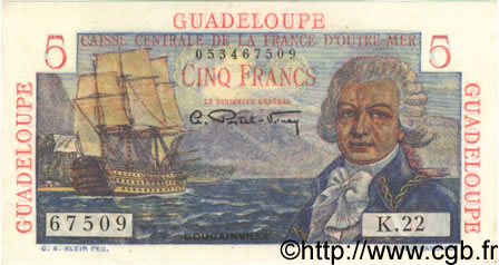 5 Francs Bougainville GUADELOUPE  1946 P.31 AU+