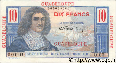 10 Francs Colbert Spécimen GUADELOUPE  1946 P.32s AU