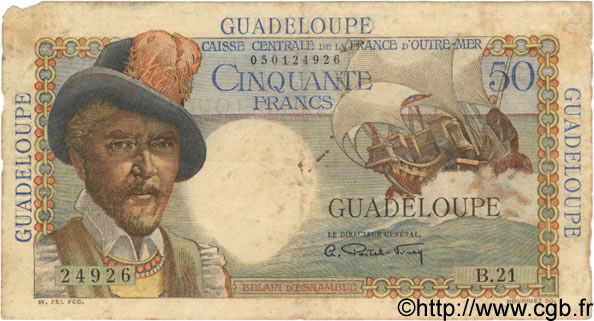 50 Francs Belain d Esnambuc GUADELOUPE  1946 P.34 VG