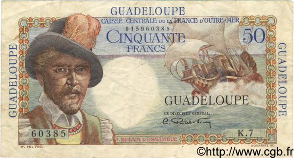 50 Francs Belain d Esnambuc GUADELOUPE  1946 P.34 BC a MBC