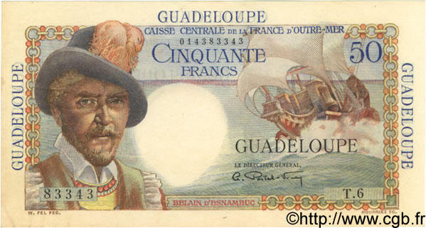 50 Francs Belain d Esnambuc GUADELOUPE  1946 P.34 EBC