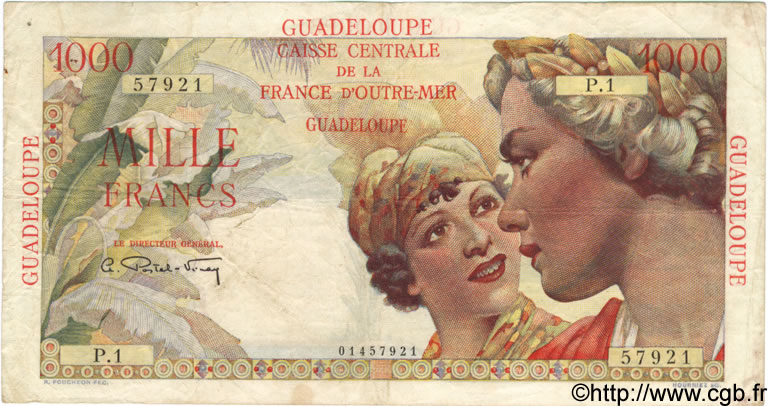 1000 Francs Union Française GUADELOUPE  1947 P.37 BC+
