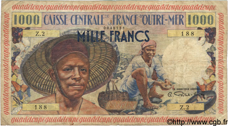 1000 Francs pêcheur GUADELOUPE  1960 P.39 RC a BC