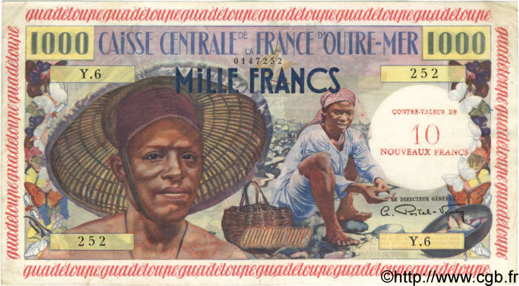 10 NF sur 1000 Francs pêcheur GUADELOUPE  1960 P.43 MBC+ a EBC
