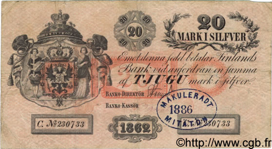 20 Markkaa FINLANDIA  1862 P.A36c q.BB