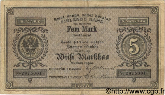 5 Markkaa FINNLAND  1878 P.A43b fSS