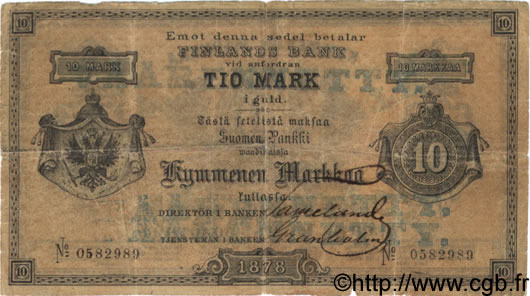 10 Markkaa FINLANDIA  1878 P.A44 q.MB