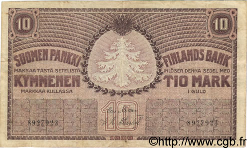 10 Markkaa FINLAND  1909 P.010a VF