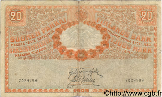 20 Markkaa FINLAND  1909 P.011b F+