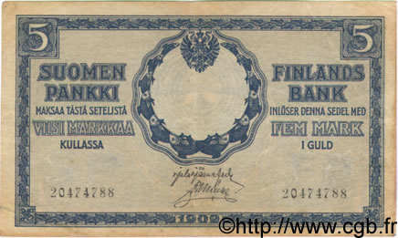 5 Markkaa FINLAND  1909 P.020 VF+