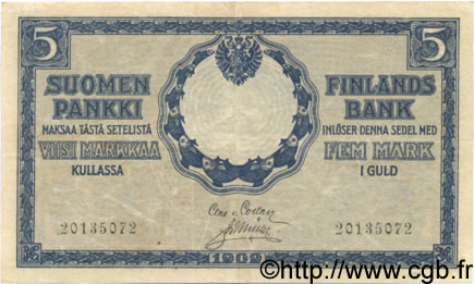 5 Markkaa FINLAND  1909 P.020 VF+
