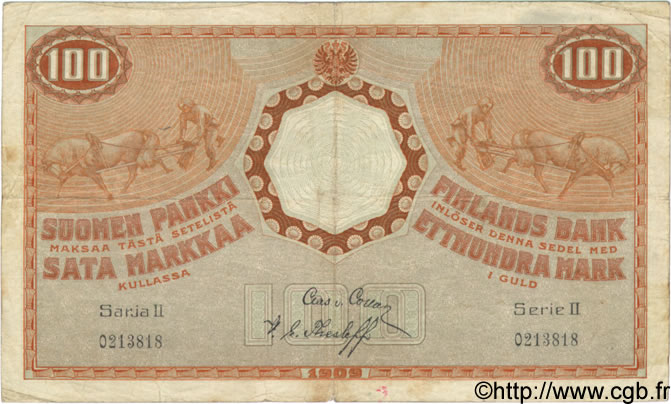 100 Markkaa FINLANDIA  1909 P.031 BC+