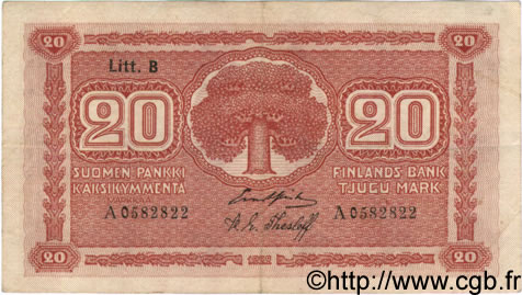 20 Markkaa FINLAND  1922 P.058 VF+