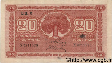 20 Markkaa FINLAND  1922 P.063a VF