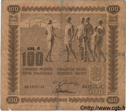 100 Markkaa FINLAND  1922 P.065a VG