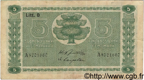 5 Markkaa FINLAND  1939 P.069a F