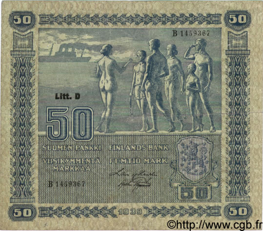 50 Markkaa FINLAND  1939 P.072a F+