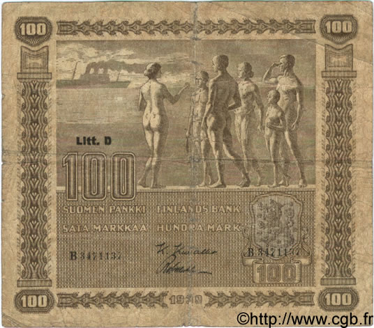 100 Markkaa FINLAND  1939 P.073a VG