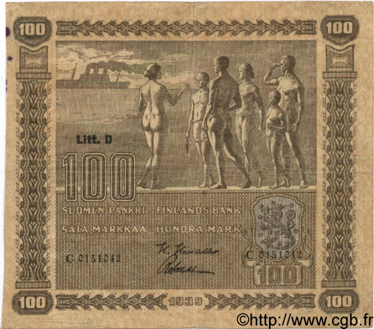 100 Markkaa FINLAND  1939 P.073a F+