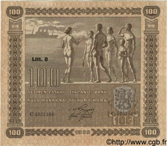 100 Markkaa FINLAND  1939 P.073a AU-