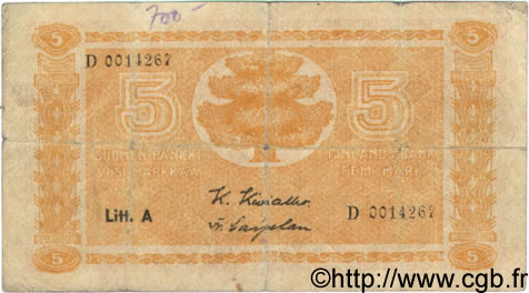 5 Markkaa FINLAND  1945 P.076a VG