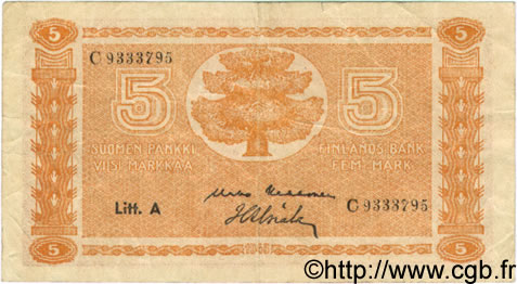 5 Markkaa FINLAND  1945 P.076a VF