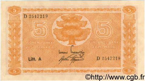 5 Markkaa FINLAND  1945 P.076a UNC