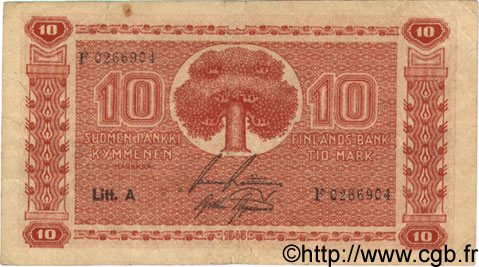 10 Markkaa FINLANDIA  1945 P.077a MB a BB