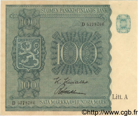 100 Markkaa FINLAND  1945 P.080a AU