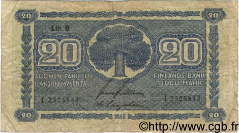 20 Markkaa FINLANDIA  1945 P.086 q.MB