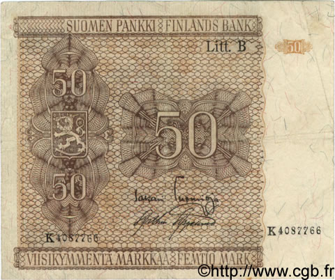 50 Markkaa FINLAND  1945 P.087 VF+