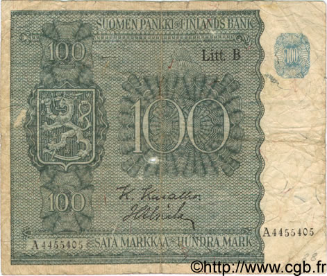 100 Markkaa FINLAND  1945 P.088 VG