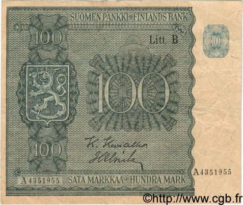 100 Markkaa FINLAND  1945 P.088 F
