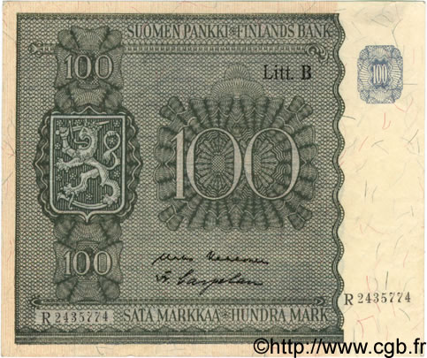 100 Markkaa FINLANDIA  1945 P.088 BB
