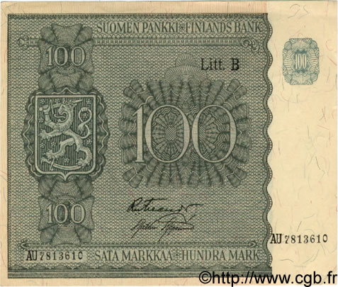 100 Markkaa FINLAND  1945 P.088 XF+