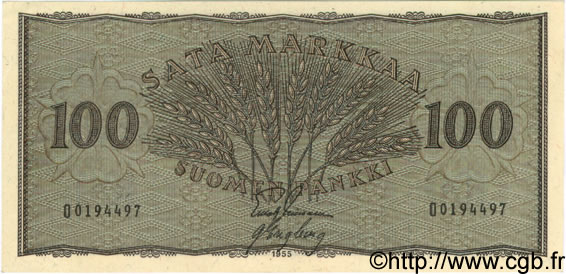 100 Markkaa FINLAND  1955 P.091a UNC