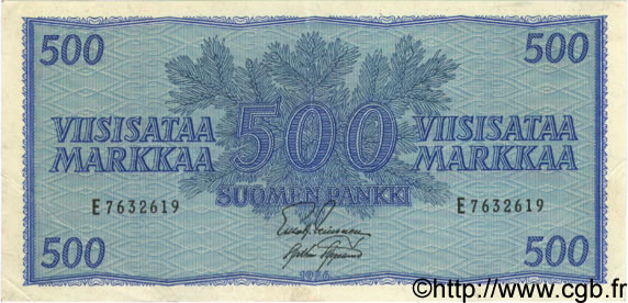 500 Markkaa FINLAND  1955 P.096a XF+