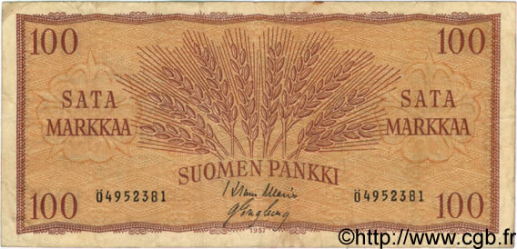 100 Markkaa FINLAND  1957 P.097a F