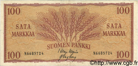 100 Markkaa FINLAND  1957 P.097a VF