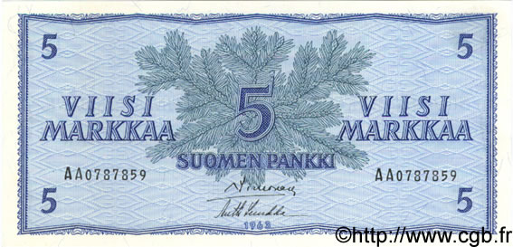 5 Markkaa FINLAND  1963 P.099a UNC