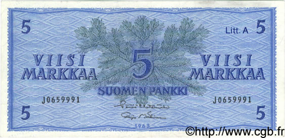5 Markkaa FINLAND  1963 P.103 VF+