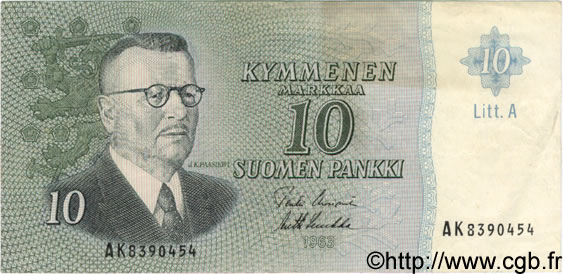 10 Markkaa FINLAND  1963 P.104 VF+