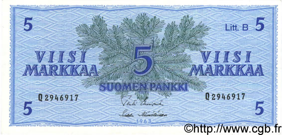 5 Markkaa FINLAND  1963 P.106Aa UNC