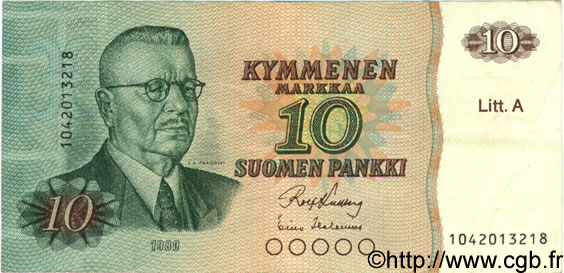 10 Markkaa FINLAND  1980 P.112 VF+